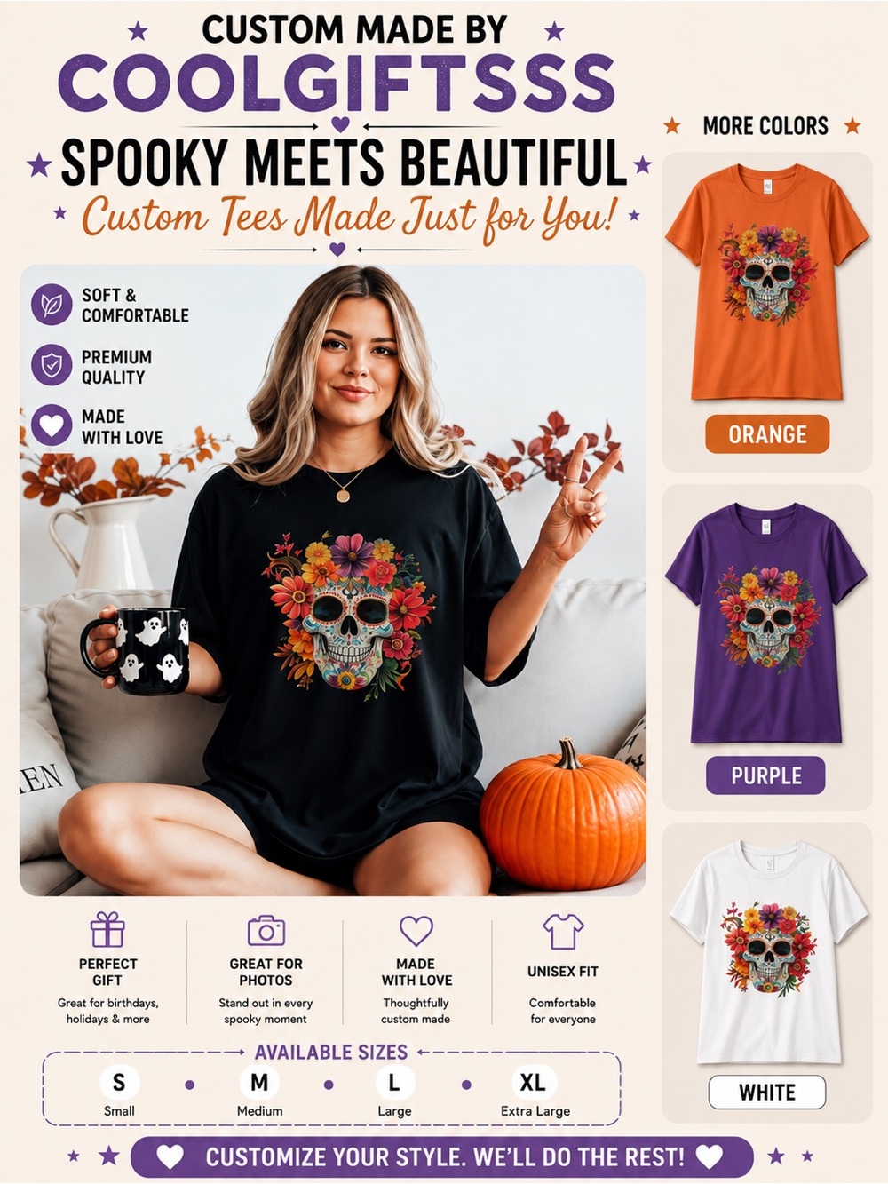 Floral Sugar Skull Graphic Tee - Black Dia de los muertos S M L XL n
